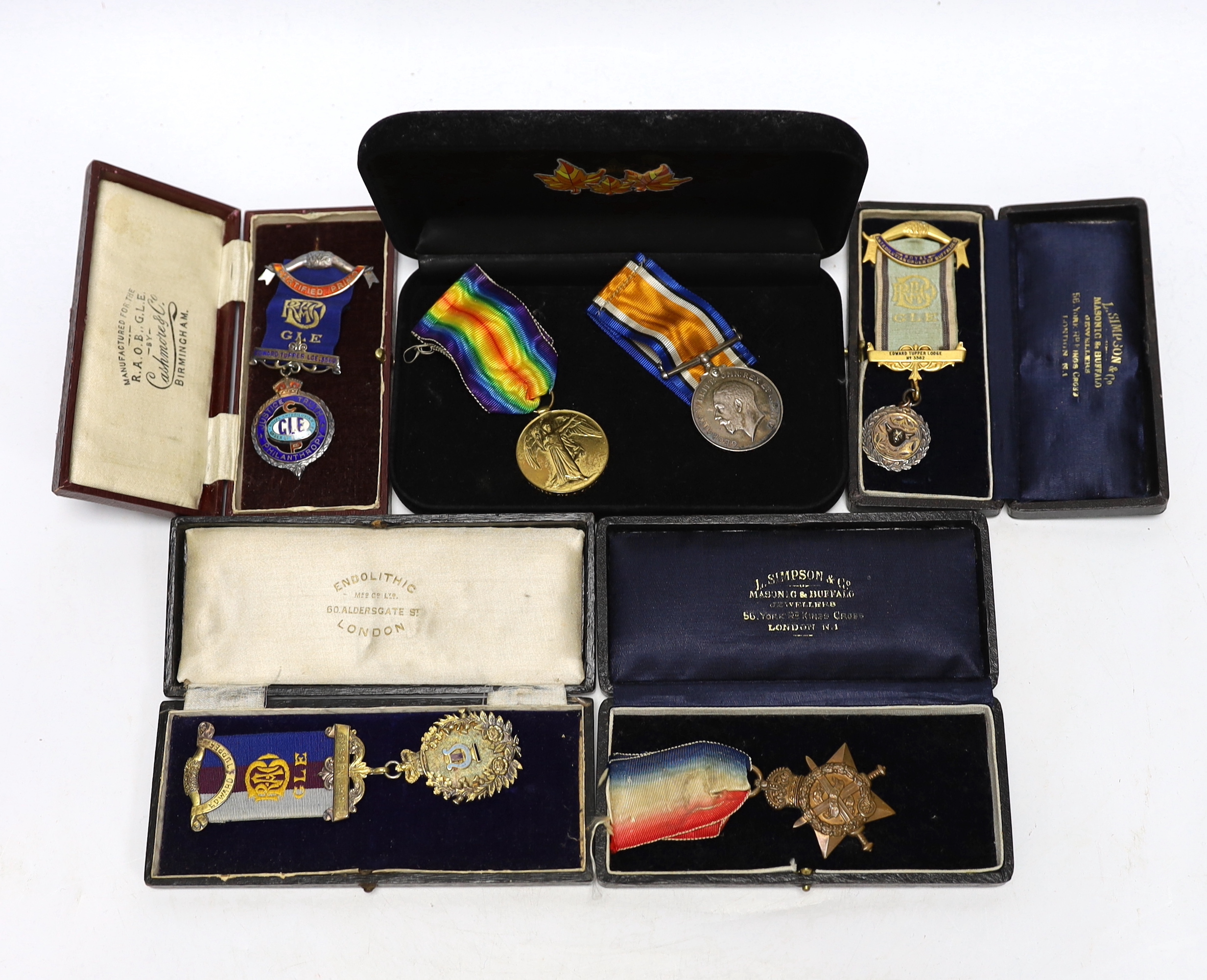 WWI trio awarded to CMT - 735 PTE A E COX ASC, three cased silver Masonic medals, two with enamel together with another empty Masonic related case